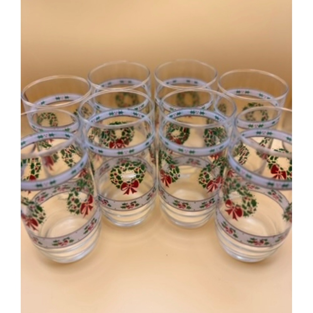 Vintage Christmas Holly Wreath Highball Glasses Set of 8 Red Bow Holiday Barware - Picture 2 of 3